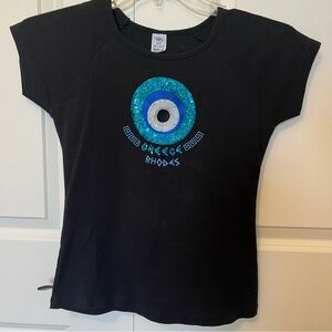 Evil Eye Sequins & Embroidery on Black Women’s Cut T-Shirt, Rhodes Greece, Greek